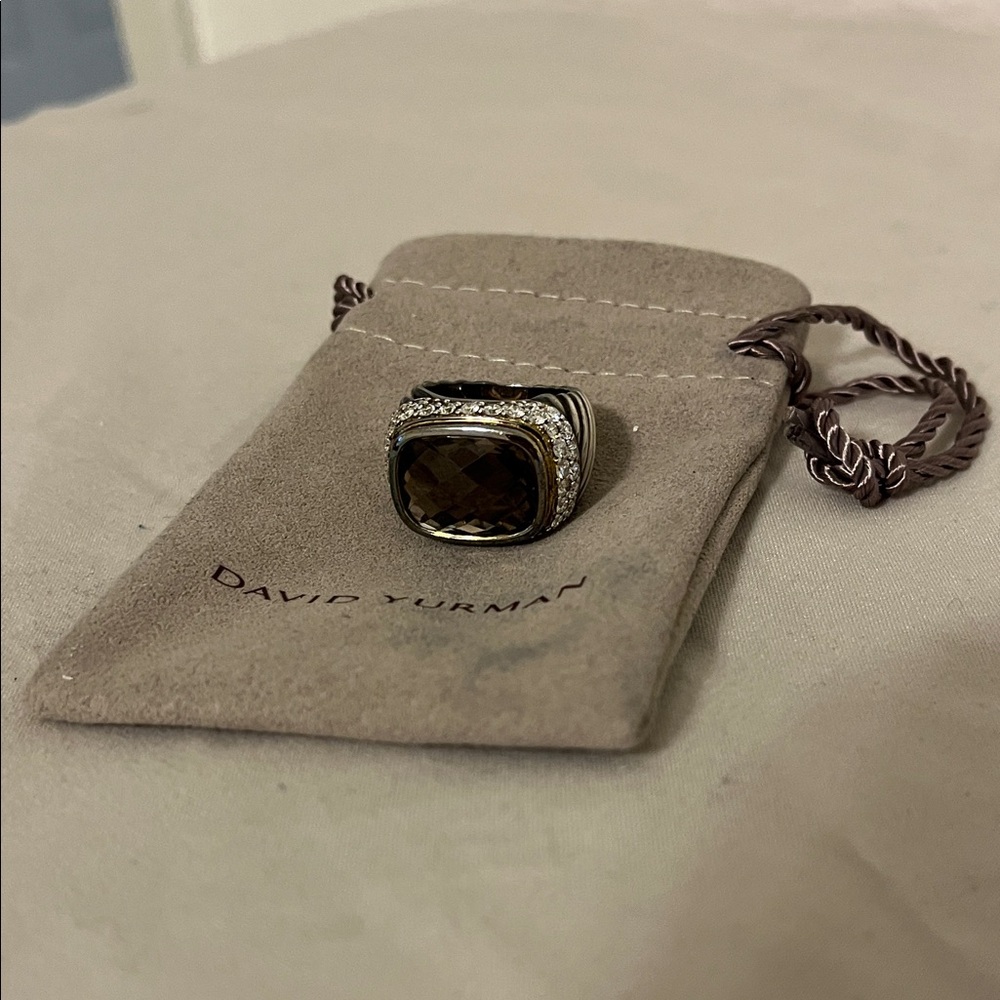 David Yurman Silver Ring with Diamonds Surrounding Smoky Quartz